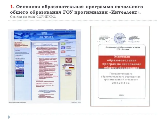 1. Основная образовательная программа начального общего образования ГОУ прогимназии «Интеллект». Ссылка на сайт СОРИПКРО.