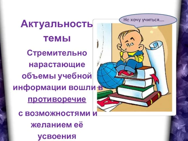 Актуальность темы Стремительно нарастающие объемы учебной информации вошли в противоречие с возможностями и желанием её усвоения