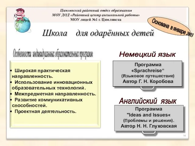 Школа для одарённых детей Цимлянский районный отдел образования МОУ ДОД «Районный центр