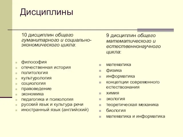 Дисциплины 10 дисциплин общего гуманитарного и социально-экономического цикла: философия отечественная история политология