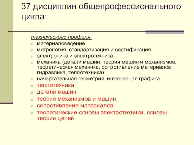 37 дисциплин общепрофессионального цикла: технического профиля: материаловедение метрология, стандартизация и сертификация электроника