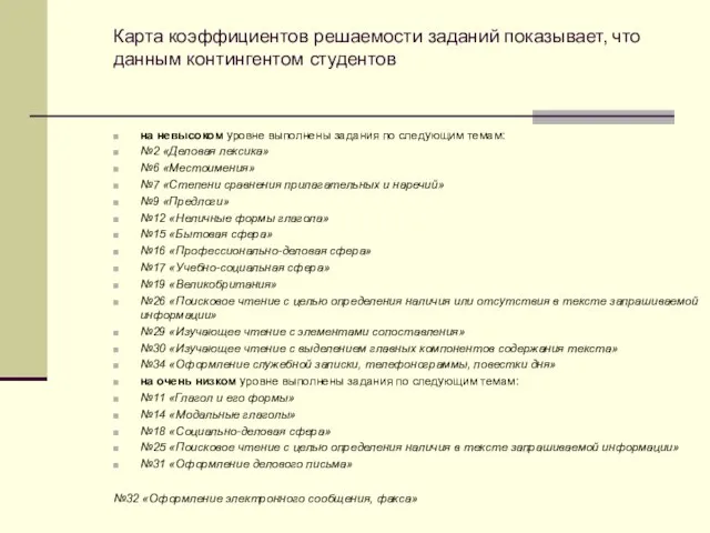 Карта коэффициентов решаемости заданий показывает, что данным контингентом студентов на невысоком уровне