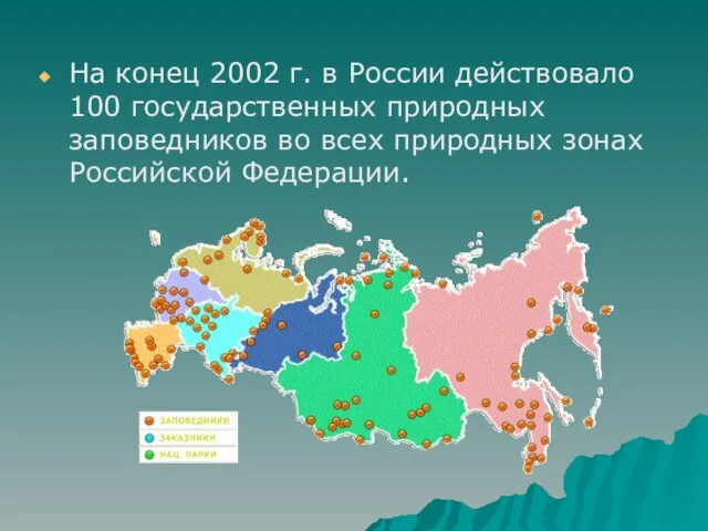 На конец 2002 г. в России действовало 100 государственных природных заповедников во