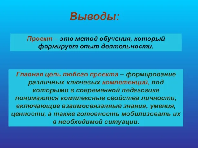 Выводы: Проект – это метод обучения, который формирует опыт деятельности. Главная цель