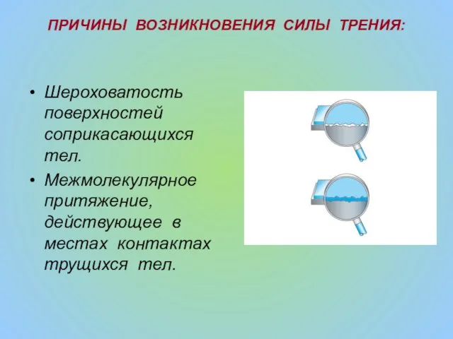 ПРИЧИНЫ ВОЗНИКНОВЕНИЯ СИЛЫ ТРЕНИЯ: Шероховатость поверхностей соприкасающихся тел. Межмолекулярное притяжение, действующее в местах контактах трущихся тел.