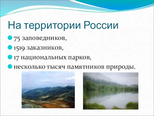 На территории России 75 заповедников, 1519 заказников, 17 национальных парков, несколько тысяч памятников природы.