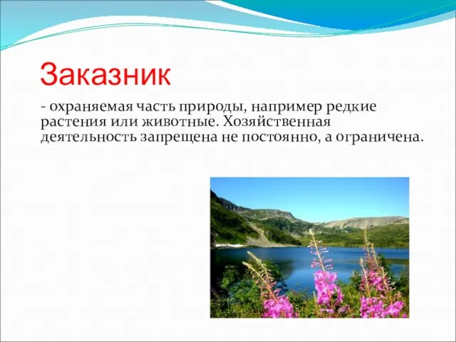 Заказник - охраняемая часть природы, например редкие растения или животные. Хозяйственная деятельность