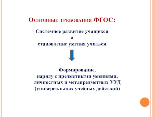 Основные требования ФГОС: Системное развитие учащихся и становление умения учиться Формирование, наряду