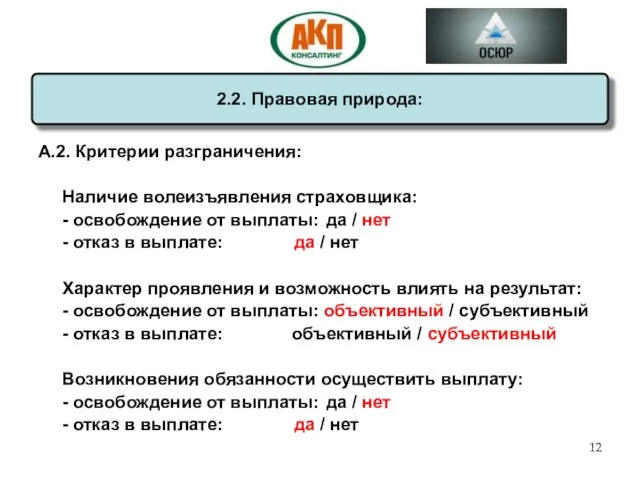 А.2. Критерии разграничения: Наличие волеизъявления страховщика: - освобождение от выплаты: да /