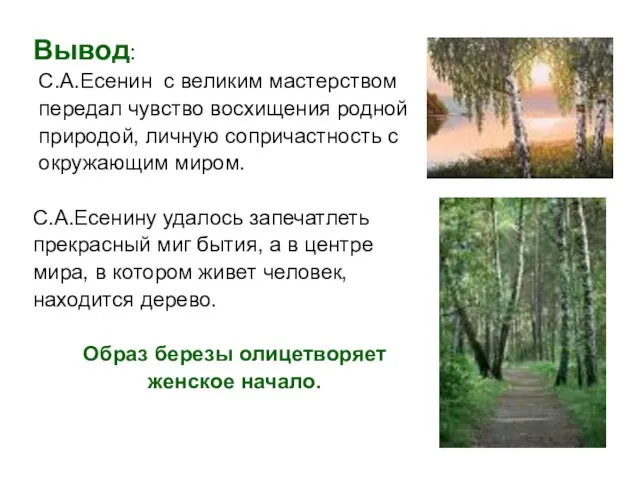 Вывод: С.А.Есенин с великим мастерством передал чувство восхищения родной природой, личную сопричастность