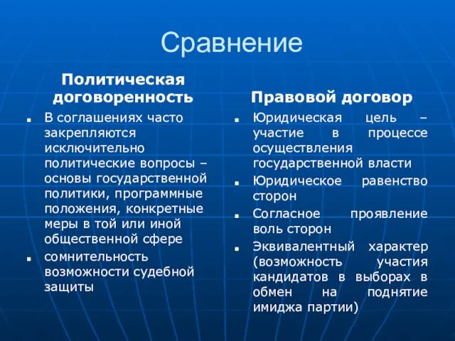 Сравнение Политическая договоренность В соглашениях часто закрепляются исключительно политические вопросы – основы