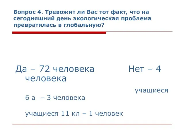 Вопрос 4. Тревожит ли Вас тот факт, что на сегодняшний день экологическая