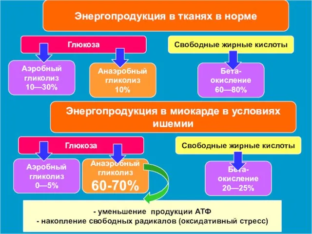 Энергопродукция в тканях в норме Глюкоза Свободные жирные кислоты Аэробный гликолиз 10—30%