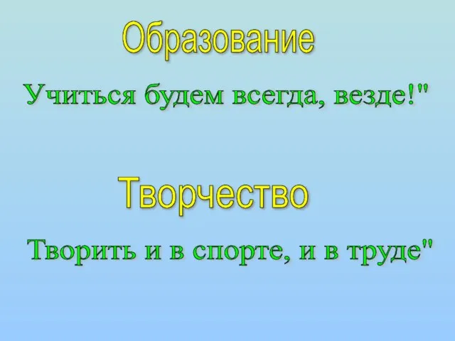 Творчество Творить и в спорте, и в труде" Образование Учиться будем всегда, везде!"