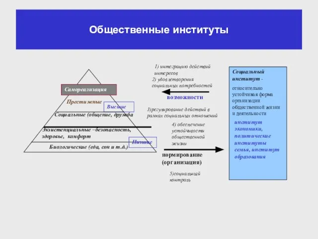 Общественные институты Биологические (еда, сон и т.д.) Экзистенциальные –безопасность, здоровье, комфорт Низшие