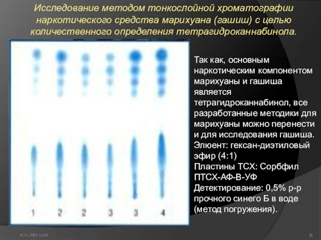 14.11.2009 16:05 Исследование методом тонкослойной хроматографии наркотического средства марихуана (гашиш) с целью