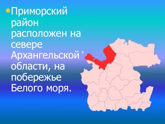 Приморский район расположен на севере Архангельской области, на побережье Белого моря.