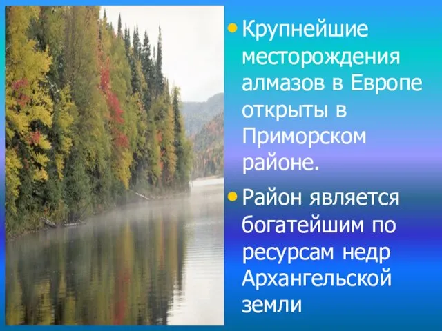 Крупнейшие месторождения алмазов в Европе открыты в Приморском районе. Район является богатейшим