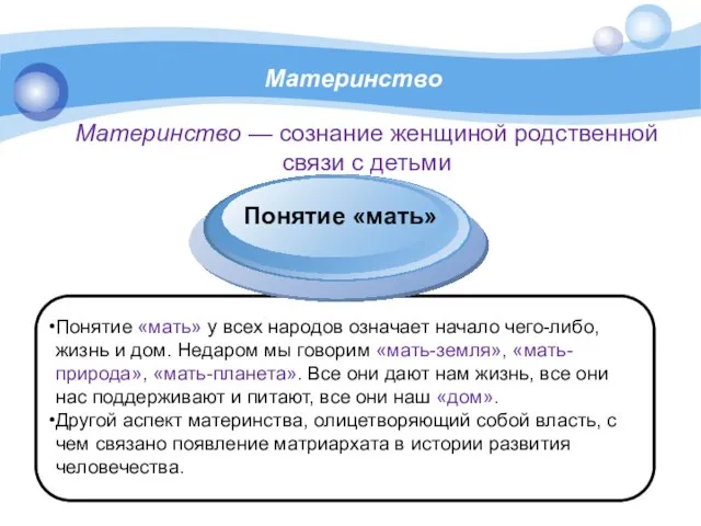 Материнство Понятие «мать» у всех народов означает начало чего-либо, жизнь и дом.