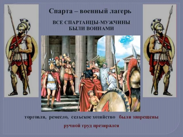 Спарта – военный лагерь ВСЕ СПАРТАНЦЫ-МУЖЧИНЫ БЫЛИ ВОИНАМИ торговля, ремесло, сельское хозяйство