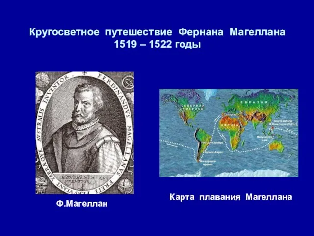 Кругосветное путешествие Фернана Магеллана 1519 – 1522 годы Ф.Магеллан Карта плавания Магеллана