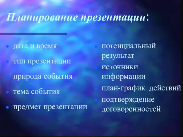 Планирование презентации: дата и время тип презентации природа события тема события предмет