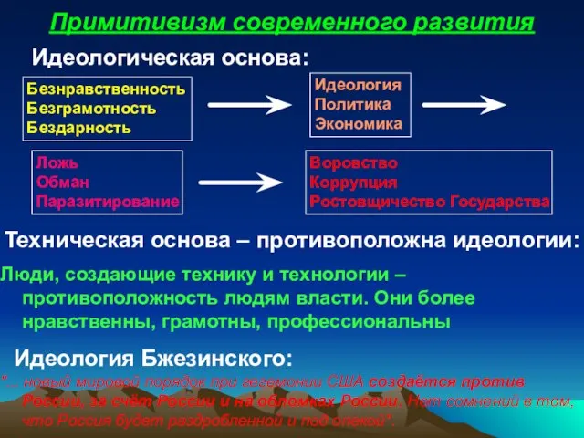 Примитивизм современного развития Безнравственность Безграмотность Бездарность Идеология Политика Экономика Ложь Обман Паразитирование