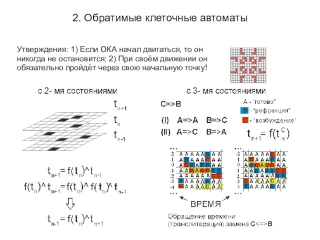 2. Обратимые клеточные автоматы Утверждения: 1) Если ОКА начал двигаться, то он