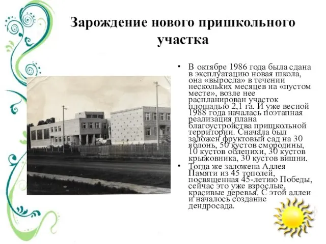 Зарождение нового пришкольного участка В октябре 1986 года была сдана в эксплуатацию