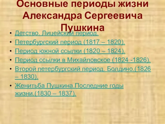 Основные периоды жизни Александра Сергеевича Пушкина Детство. Лицейский период. Петербургский период (1817