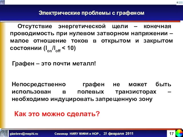 Электрические проблемы с графеном Отсутствие энергетической щели – конечная проводимость при нулевом