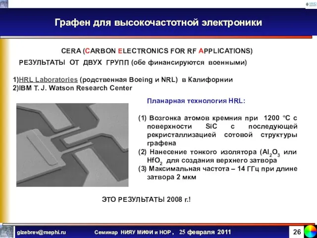 Графен для высокочастотной электроники CERA (CARBON ELECTRONICS FOR RF APPLICATIONS) РЕЗУЛЬТАТЫ ОТ