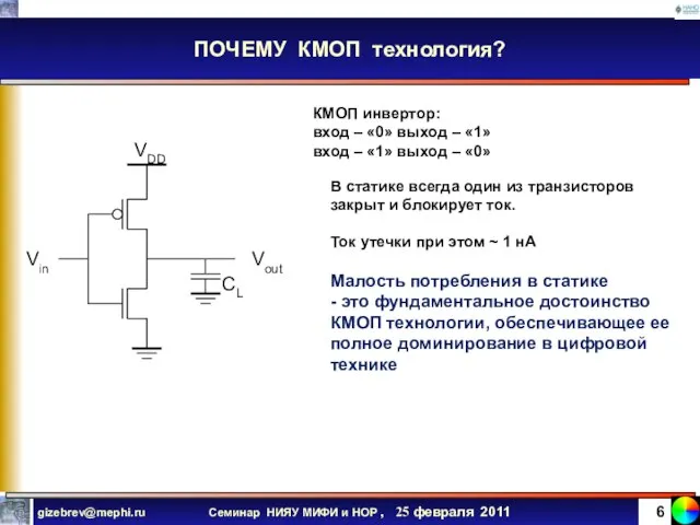 ПОЧЕМУ КМОП технология? SWAN КМОП инвертор: вход – «0» выход – «1»