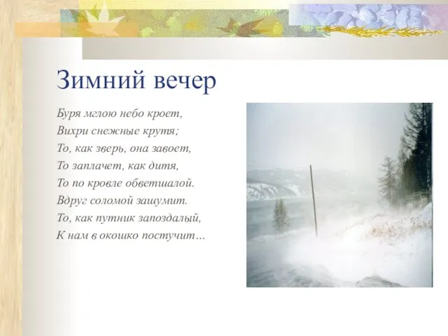 Зимний вечер Буря мглою небо кроет, Вихри снежные крутя; То, как зверь,