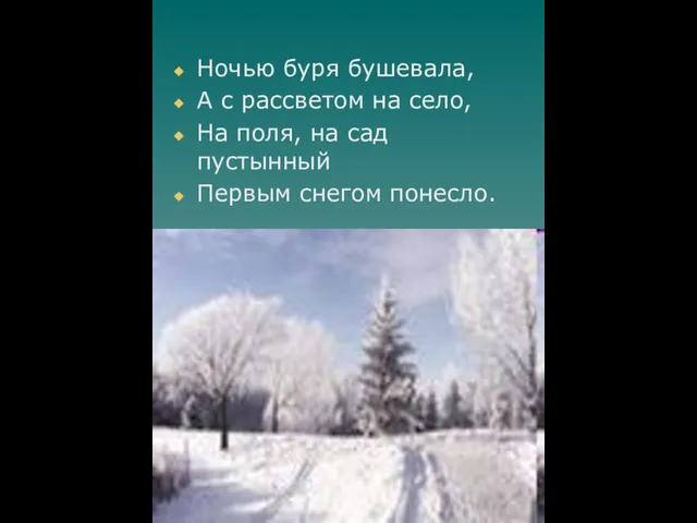 Ночью буря бушевала, А с рассветом на село, На поля, на сад пустынный Первым снегом понесло.