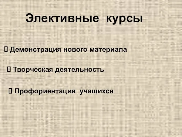 Элективные курсы Демонстрация нового материала Творческая деятельность Профориентация учащихся