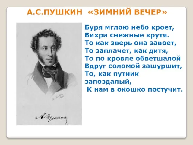 А.С.ПУШКИН «ЗИМНИЙ ВЕЧЕР» Буря мглою небо кроет, Вихри снежные крутя. То как