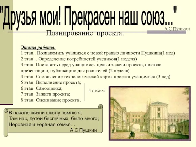 "Друзья мои! Прекрасен наш союз..." Планирование проекта. Этапы работы. 1 этап .