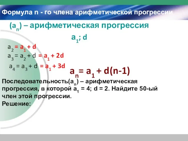 Формула n - го члена арифметической прогрессии (an) – арифметическая прогрессия а1;