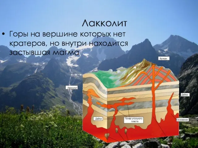 Лакколит Горы на вершине которых нет кратеров, но внутри находится застывшая магма