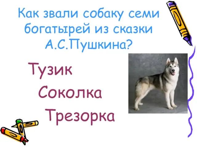 Как звали собаку семи богатырей из сказки А.С.Пушкина? Тузик Соколка Трезорка