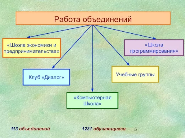 «Компьютерная Школа» «Школа экономики и предпринимательства» «Школа программирования» 113 объединений 1231 обучающихся