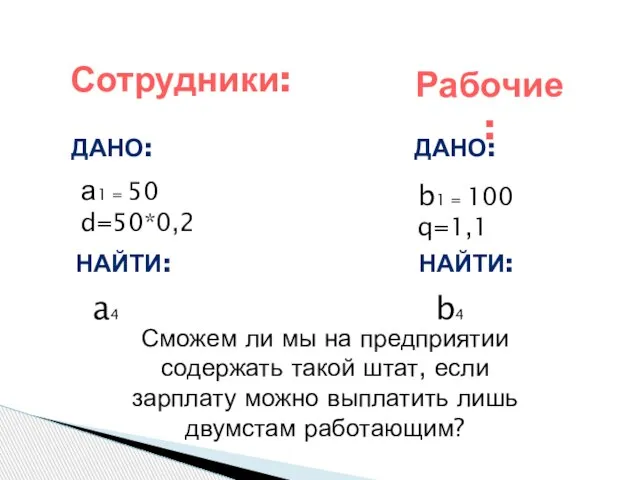 Сотрудники: а1 = 50 d=50*0,2 ДАНО: НАЙТИ: a4 Рабочие: b1 = 100