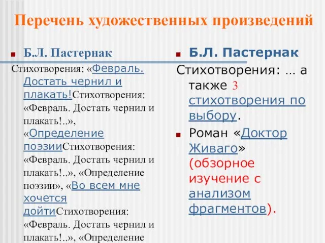 Б.Л. Пастернак Стихотворения: «Февраль. Достать чернил и плакать!Стихотворения: «Февраль. Достать чернил и