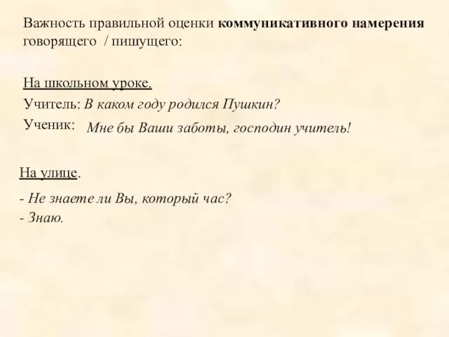 Важность правильной оценки коммуникативного намерения говорящего / пишущего: На школьном уроке. Учитель: