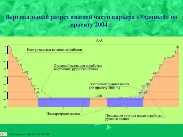 Вертикальный разрез нижней части карьера «Удачный» по проекту 2004 г.