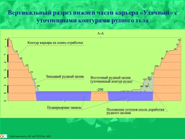 Вертикальный разрез нижней части карьера «Удачный» с уточненными контурами рудного тела