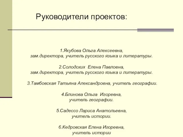 Руководители проектов: 1.Якубова Ольга Алексеевна, зам.директора, учитель русского языка и литературы. 2.Солодских