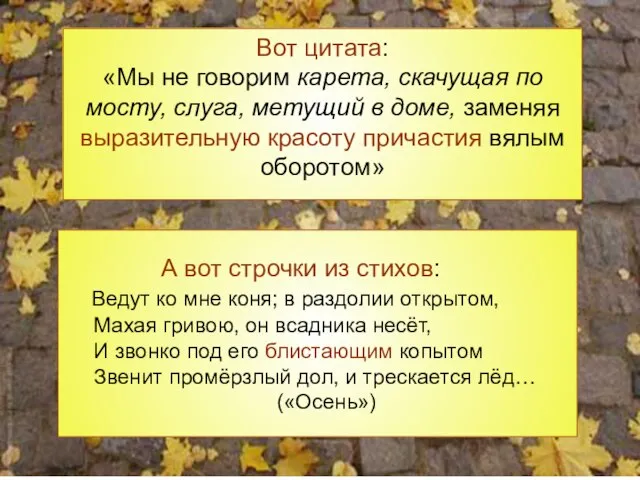 Вот цитата: «Мы не говорим карета, скачущая по мосту, слуга, метущий в