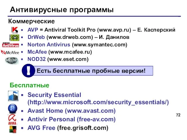 Антивирусные программы AVP = Antiviral Toolkit Pro (www.avp.ru) – Е. Касперский DrWeb